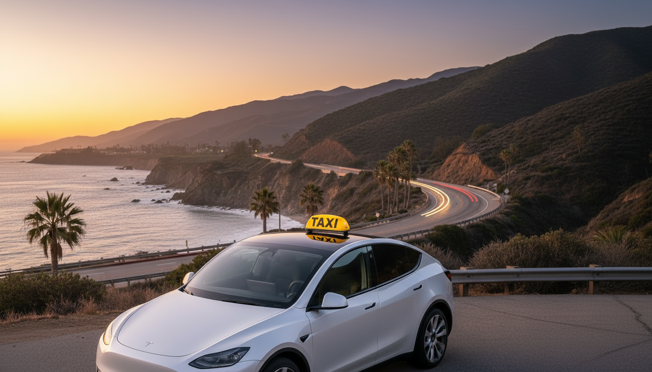 Add a taxi sign on top of the white Tesla car, making sure it is clearly visible and fits naturally.